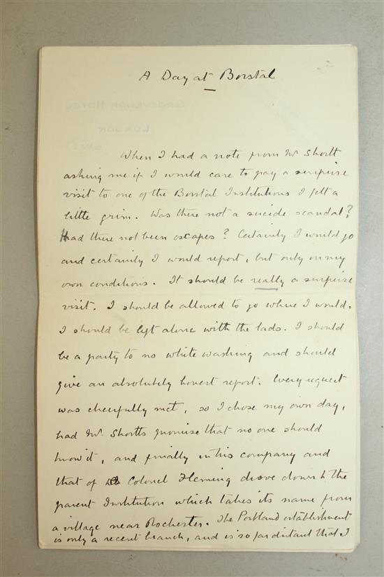 CONAN DOYLE, a manuscript article entitled A Day at Borstal, signed and dated Dec 19 [1921]